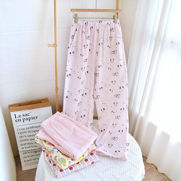 【現貨】100%純棉睡褲居家女生長褲 春夏薄睡褲雙層紗布寬褲睡衣女卡通圖案寬鬆睡褲家居褲