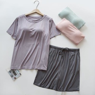 簡約日系珠家美緒帶胸墊睡衣女士夏季莫代爾短袖短褲家居服套裝