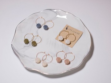 Les Clairs 手作米珠球吊墜圈圈耳環 裸膚 灰藍 茶綠 米白 透蛋白