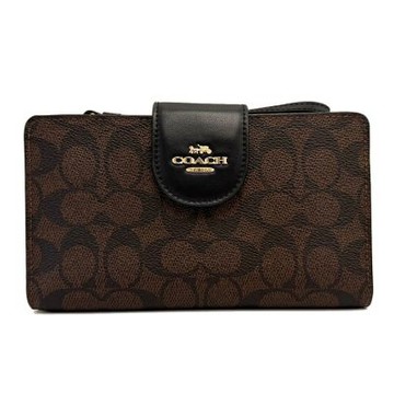 COACH 經典C LOGO手掛式手機拉鍊零錢袋長夾(深咖)