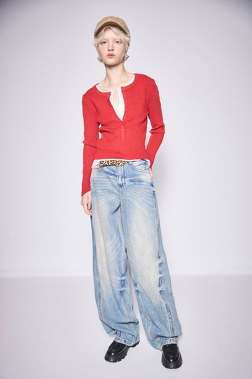 撞色假兩件開襟針織上衣