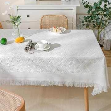 編織奶茶桌布 流蘇邊緣 植物印染  白色  340 x 180cm  1條