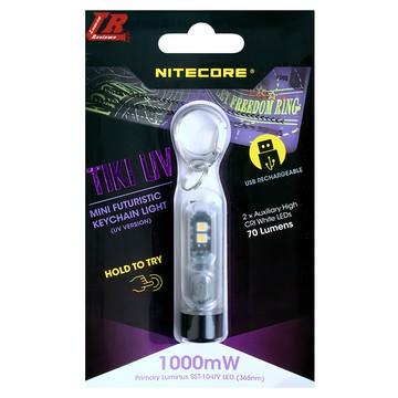 NITECORE 奈特科爾 TIKI UV 專業檢測應用 鑰匙扣燈 365nm 高顯白光 70流明 USB充電  黑色 + 透明色  1個