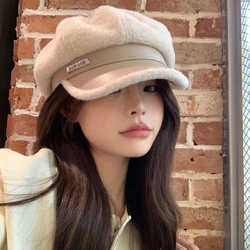 新款帽子女秋冬新款百搭毛絨拼接報童帽保暖毛呢八角帽貝雷帽