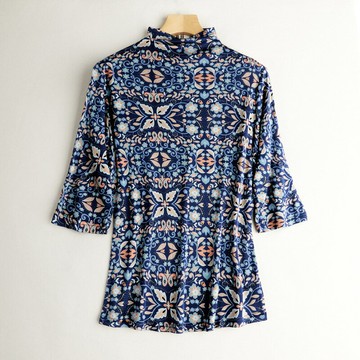 現貨+預購 絲質T恤絲質上衣-印花復古半高領五分袖女上衣7色74fd29【獨家進口】【米蘭精品】