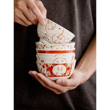 鍋小姐日本進口可愛兔子飯碗套裝日式家用陶瓷餐具禮盒手工湯碗