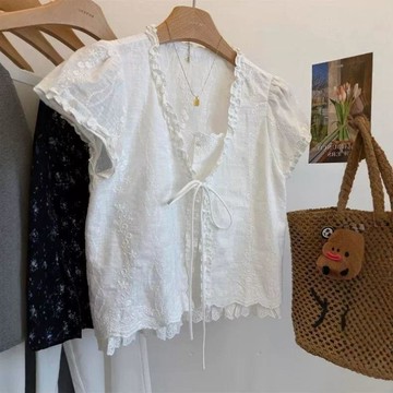 【🍇精選】150kg可穿 大碼女裝 胖mm夏開襟綁帶假兩件上衣 刺繡花邊木耳襯衫 顯瘦襯衣 小衫 短袖上衣 顯瘦 襯衣