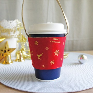 Lovely【日本布】麋鹿雪花聖誕飲料杯袋、提袋、杯套【紅底燙金】