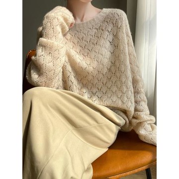 鏤空款~77%山羊絨23%桑蠶絲!薄款圓領寬松針織衫女無縫慵懶毛衣