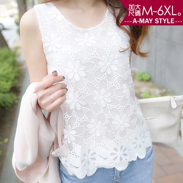 加大碼-蕾絲鉤花無袖雪紡上衣(M-6XL)
