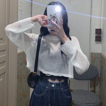 透視薄款防曬長袖針織衫女夏季新款韓版寬松短款套頭打底上衣