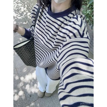 新款春秋條紋圓領長袖套頭衛衣女寬鬆學生韓係慵懶風無帽上衣  超火ins衛衣 長袖t 女生春秋學生bf風寬鬆上衣服