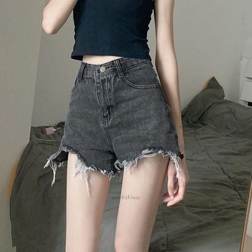 夏日優質牛仔褲 短褲 牛仔短褲 👖 破洞牛仔短褲女黑灰色高腰新款高腰顯瘦顯高毛邊闊腿a字熱褲子潮