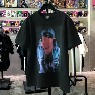 ins超火中指鄙視手印花t恤復古做舊美國潮牌歐美短袖寬松情侶半袖