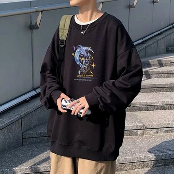 刷毛宇航員印花圓領套頭大學T 情侶裝流行刷毛款男潮版港風寬鬆版 大學T 印花T 長T（PDW88）【壹號站】