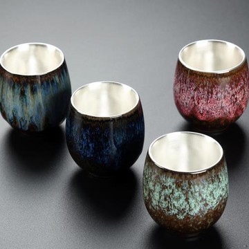 大號窯變純銀茶杯功夫茶具水杯主人杯陶瓷手工鎏銀品茗杯單杯茶碗