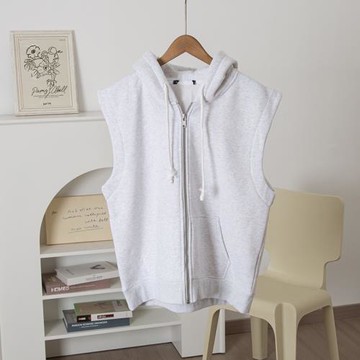 內里保暖抓絨！BM休閑運動風淺灰連帽馬甲無袖拉鏈寬松疊穿外套