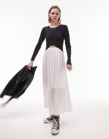 Topshop jersey and satin mix midi dress in black and ivory-Multi
