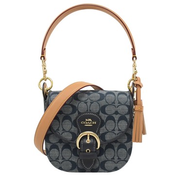 COACH KLEO金屬馬車LOGO滿版C字皮革印花單寧翻蓋兩用包(深藍)