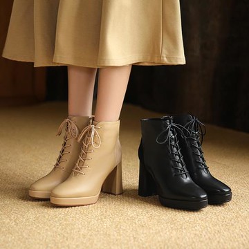 小個子高跟鞋女粗跟短靴防水臺女靴真皮馬丁靴杏色瘦瘦靴單靴10cm