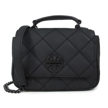 TORY BURCH WILLA 雙T LOGO磁扣翻蓋復古绗縫菱格紋鏈帶兩用包(黑色)