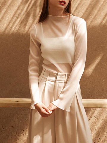 質感生活．直紋波浪立領透膚上衣