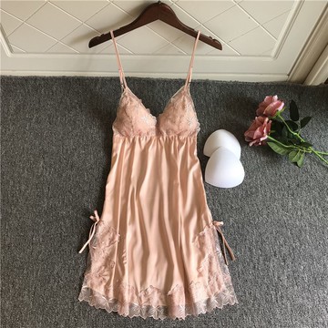 性感睡衣女春秋新款薄款火辣帶胸墊蕾絲花邊短款夏季吊帶睡裙