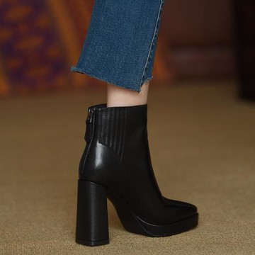 misili真皮馬丁靴子2024秋冬新款防水臺粗跟短靴女后拉鏈高跟女鞋