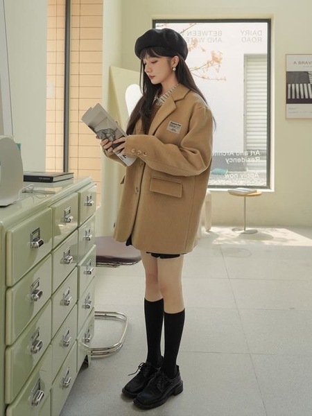 DearGod正韓女裝卡其色短款毛呢西裝外套女秋冬2022年新款正韓高級感加厚呢子大衣