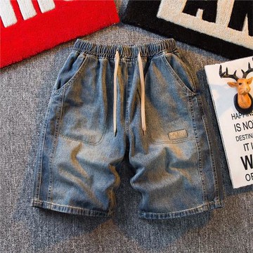 美式夏季薄款抽繩牛仔短褲男潮牌寬松五分褲男款外穿休閑工裝中褲