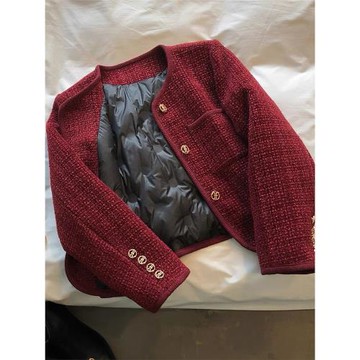 紅色小香風外套女秋冬2025新款小個子夾棉厚法式名媛高級感羽絨服