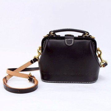 【切线派】医生包口金包纯手缝植鞣革女士肩背包手提包 手染黑 中