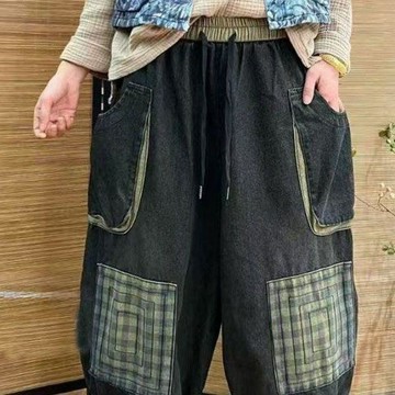 【WYZ】x新款復古貼布大碼闊腿牛仔褲女寬鬆八分褲遮肉顯瘦老爹褲