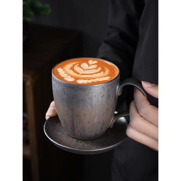 復古粗陶咖啡杯碟套裝家用日式掛耳杯陶瓷下午茶杯木柄馬克杯水杯