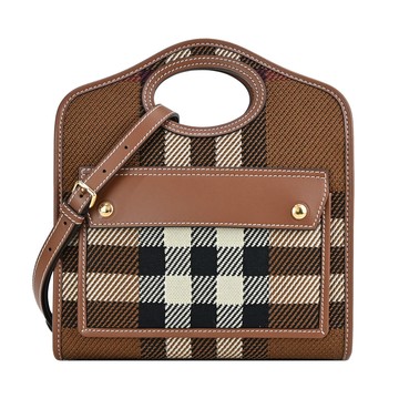 BURBERRY Horseferry系列經典格紋帆布Pocket手提/斜背包（棕色/迷你） _廠商直送