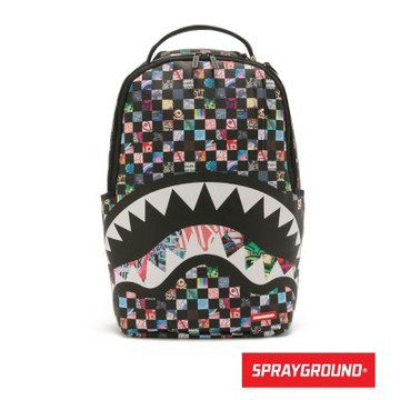SPRAYGROUND-瘋狂格紋鋸齒鯊大容量後背包-黑色