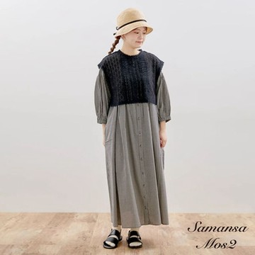 Samansa Mos2  【SET ITEM】精緻蕾絲織綁帶背心+素色/格紋圓領襯衫洋裝