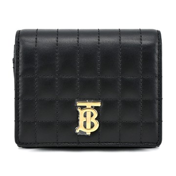 BURBERRY Lola TB金字LOGO格紋絎縫羔羊三折短夾(黑色)