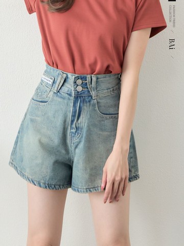 雙釦牛仔短褲／V型褲耳高腰牛仔褲S-XL號－【350305】