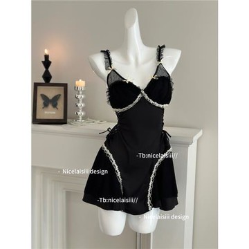 Nicelaisiii夜曲 帶胸墊蕾絲法式睡裙純欲性感緞面顯瘦家居服睡衣