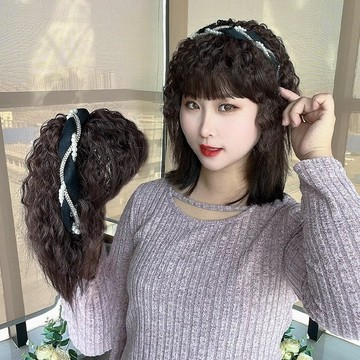 假髮~髮箍假髮 劉海假髮片 女 仿真髪 假髮 一體玉米燙假髮 頭頂遮白髮 補髪片洋氣減齡捲髮 假髮髮箍 遮白髮假髮