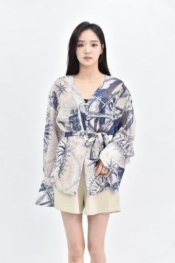 (XL) j deluxe 藍色透膚滿印長袖上衣