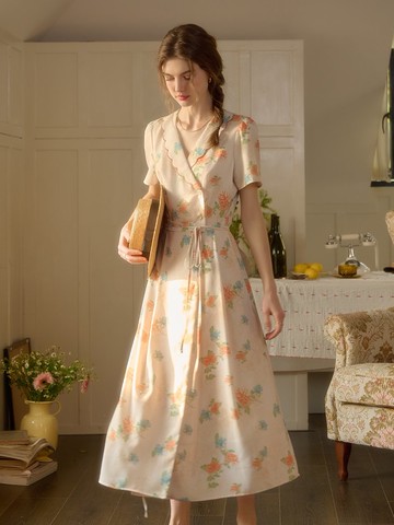 Magnolia 印花花卉黃色中長洋裝