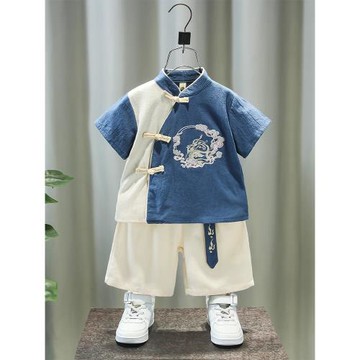 漢服男童中國風兒童古裝改良2024新款男寶寶夏季短袖古風帥氣夏裝