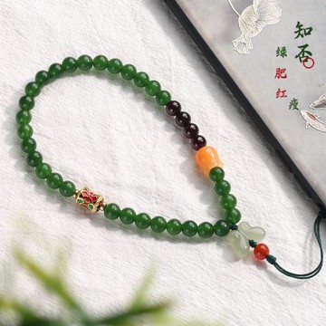 碧玉綠玉髓手機鏈和田玉掛件男女精致手機掛繩沙金掛飾短款手腕繩