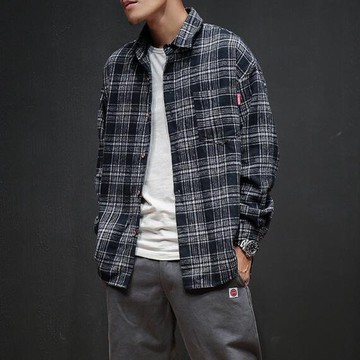 FINDSENSE Z1 日系 時尚 潮 男 秋冬 加厚 毛呢 格子外套 襯衫
