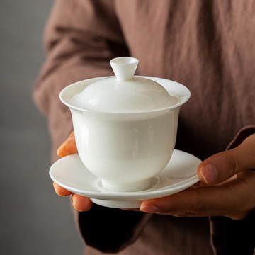德化羊脂玉白瓷單個蓋碗陶瓷手工泡茶器家用防燙功夫茶具三才茶碗