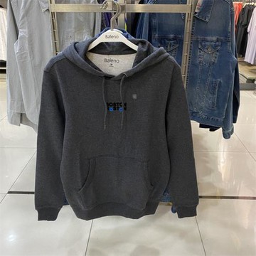 正品班尼路秋冬純棉加絨簡約刺繡字母印花薄絨連帽衛衣男上衣 潮