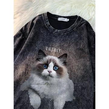 布偶貓咪印花短袖t恤男夏季美式復古潮流ins水洗做舊純棉寬松半袖