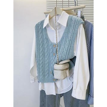 多巴胺減齡休閑疊搭v領麻花針織馬甲女秋冬甜美百搭短款無袖開衫